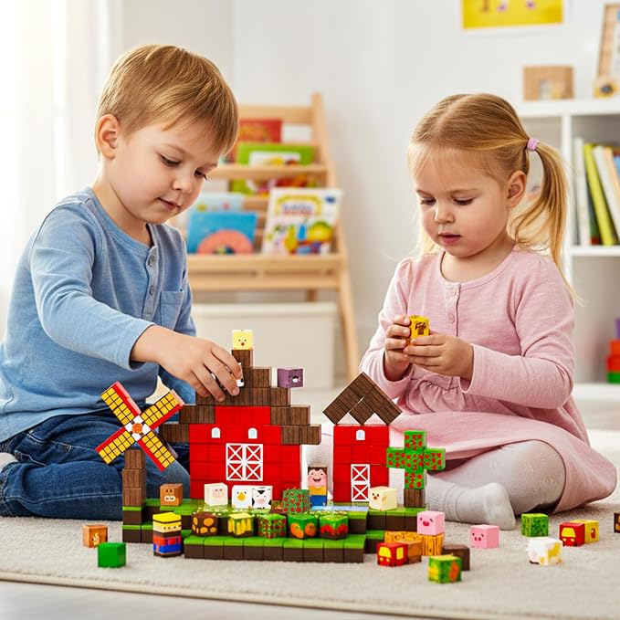 200PCS Large Farm Magnetic Building Blocks, Animals Stacking Magnet Build Cubes Montessori STEM Sensory Educational Game Toys for Kids Boys Girls Christmas Xmas Birthday Gifts