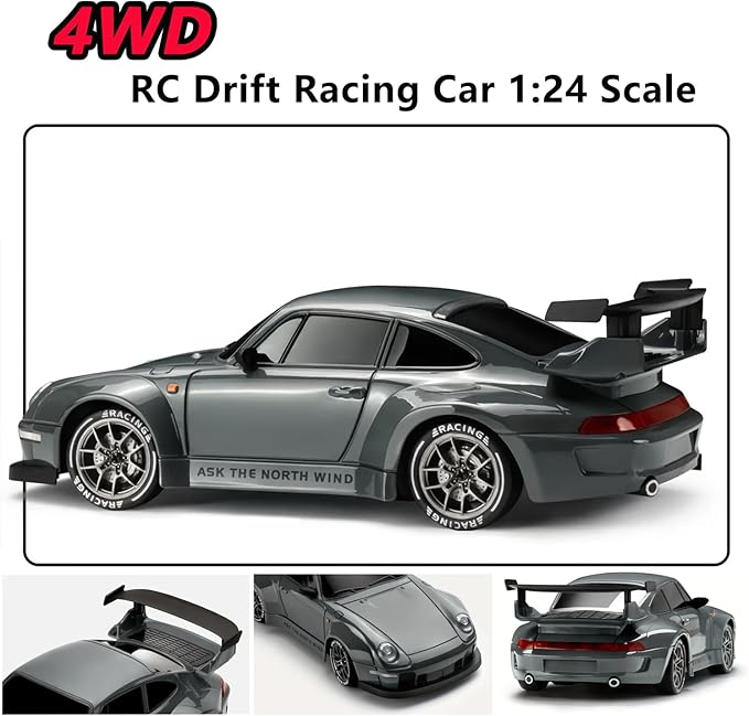 RC Drift Car, 1:24 Scale Remote Control Vehicle with LED Lights,Drifting Tires＆Two Batteries, Racing Sports Toy Idea Gift for Adults Boys Girls and Kids Gray