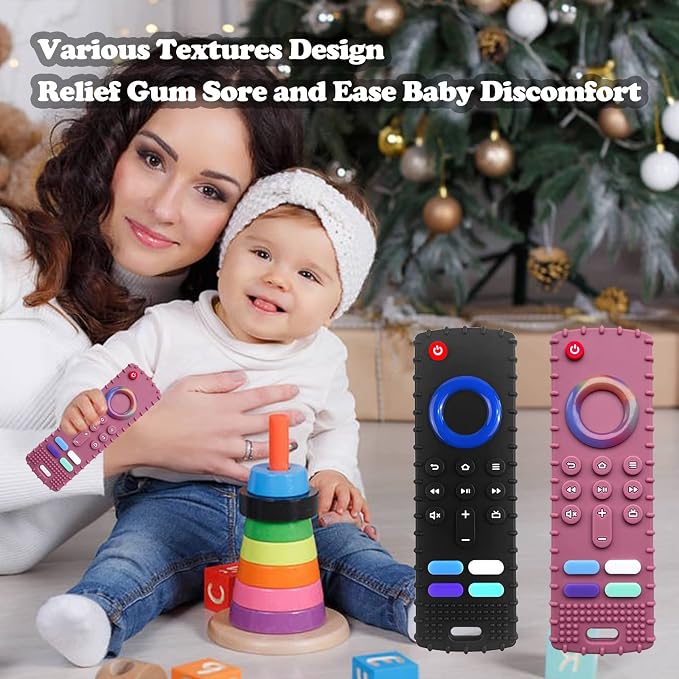 2-Pack Silicone Baby Teething Toys, TV Remote Teethers for 6-12-18 Months Infant, Fire Stick Remote Control Shape Baby Silicone Teethers, Chew Toys for Boys and Girls (New-F Black+R Blue)