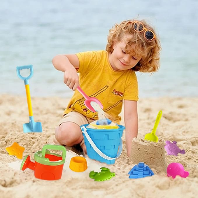 Beach Sand Toy Set for Kids, 15PCS Sand Toys with Beach Bucket, Watering Can, Big Shovel, Rake, Sea Animal Molds Sand Castle Building Kit for Boys, Girls, Toddlers