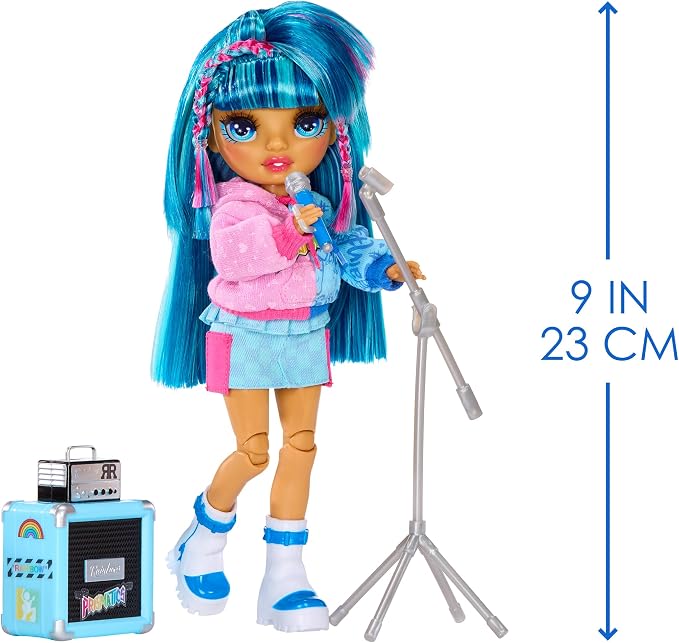 Rainbow High Jr High Rock Band - Skyler, Blue 9” Fashion Doll with Microphone Plus Stand and Amp, Customize with Stickers, Posable, Great Toy Gift for Kids Ages 4+