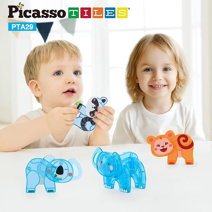 PicassoTiles Magnet Tile Animal Friends Action Figure Playset Mix or Match Figurine Wildlife Character Toy STEM Learning Construction Building Magnetic Tiles Educational Pretend Play Kit Ages 3+ PTA29