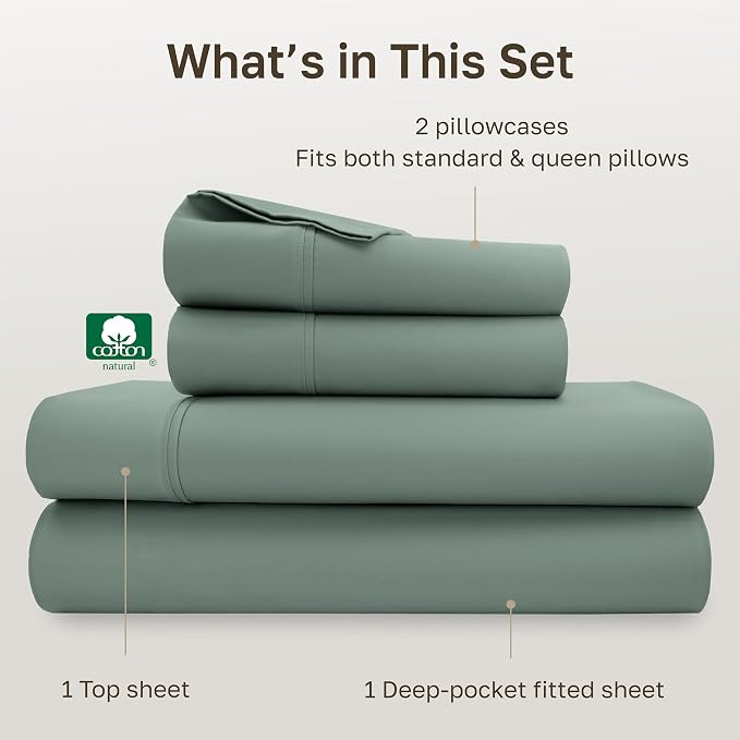 California Design Den Soft 100% Cotton Bed Sheets Queen Size Set, 400 Thread Count Good Housekeeping Award Winner, Silky Sateen with Deep Pockets, Long Staple Cotton Queen Bed Sheet Set - Sage Green