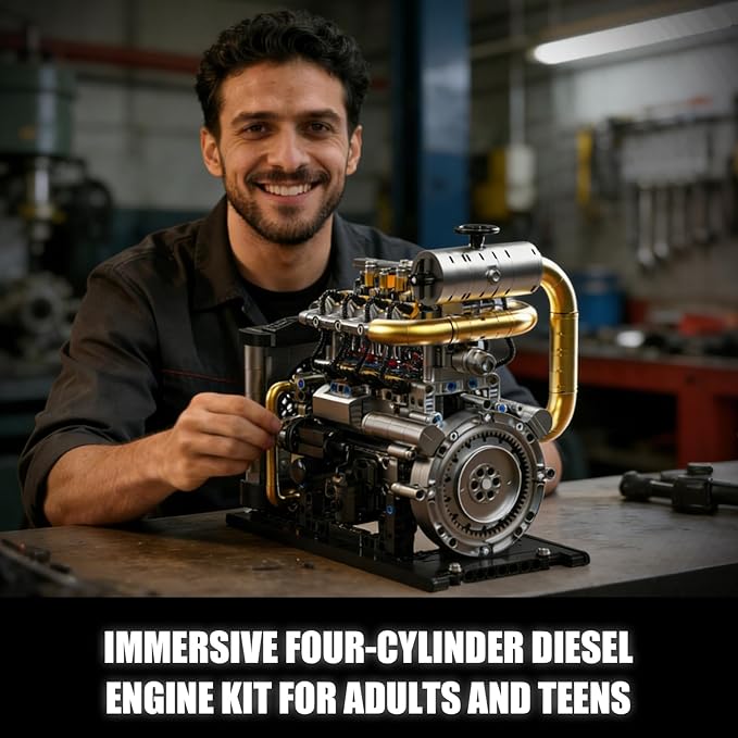 Diesel Engine Model Kit that Runs for Adults, MOC Mini Inline 4-Cylinder Diesel Engine Building Set with Motor, Compatible with Lego, Mechanical Engineering STEM Toy for Teens (1029 PCS)