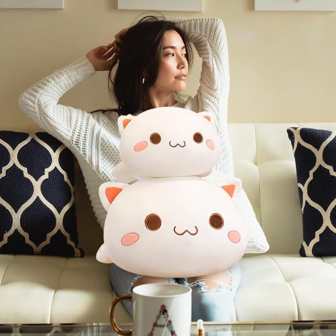 FUYU Cat Stuffed Animals, Soft Cat Plush Pillow Kawaii Kitten Stuffed Animal Toy Gifts for Kids Boys Girls Room Decor (White Round Eyes,15in/37cm)