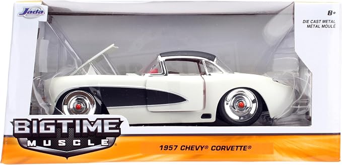 Jada Toys Bigtime Muscle 1:24 1957 Chevy Corvette Die-cast Car – Opening Doors, Hood, Trunk, Rubber Tires(White/Black)