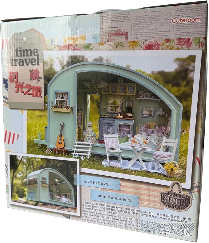 CUTEROOM DIY Miniature Wooden Caravan Dollhouse Kit with Furniture - Creative Mini Doll House Craft for Adults, Teens - Perfect Christmas Birthday Gift