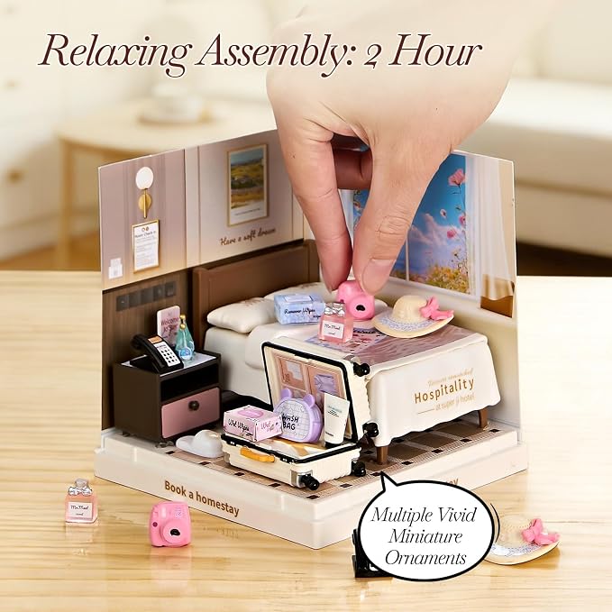 Miniature Cozy Bedroom DIY Kit with Acrylic Display Case – Homestay Dollhouse Room Craft Set, Tool-Free Mini House for Teens, Adults & Beginners