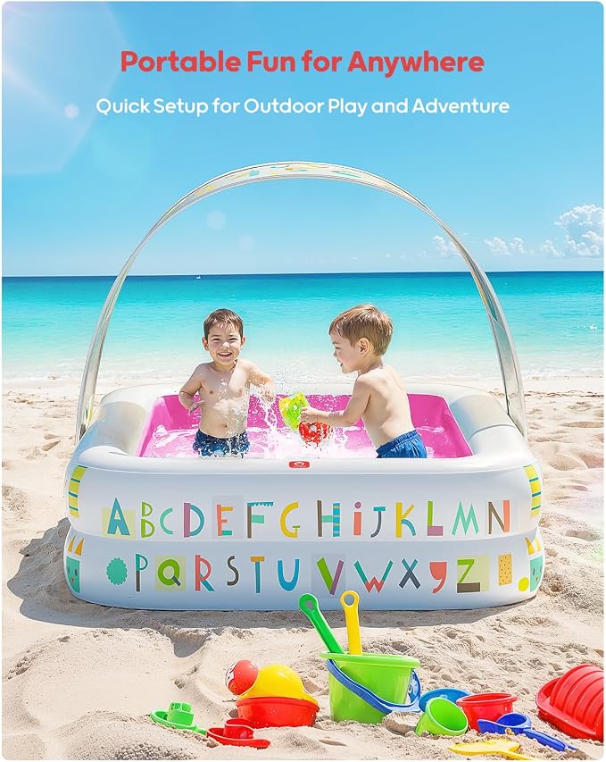 QPAU Kiddie Pool – 65" x 39" Inflatable Pool for Kids & Toddlers, Ball Pit & Baby Pool with Soft Cushioned Floor, Canopy for Sun Protection, Durable Outdoor Play Toys for Backyard & Indoor (Pink)