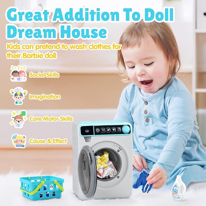 Kids Toy Washing Machine, Realistic Pretend Play Appliance for Girls, Interactive Toy Dollhouse Furniture, Play Washer and Dryer Playset with Spinning Drum
