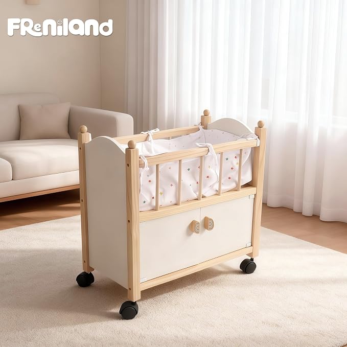 Freniland Wooden Doll Bed with Storage, Wheels & Bedding – Rolling Doll Crib with Built-in Storage for Toys, Pretend Play Doll Furniture for 18 Inch Dolls