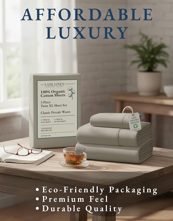 LANE LINEN Twin XL Sheets 100% Organic Cotton Percale Cooling Soft - Silver | Twin XL Sheets In 100% Organic Cotton Percale - All-Season Comfort, For Dorms & Adjustable Beds, Crisp Hotel-Style Feel