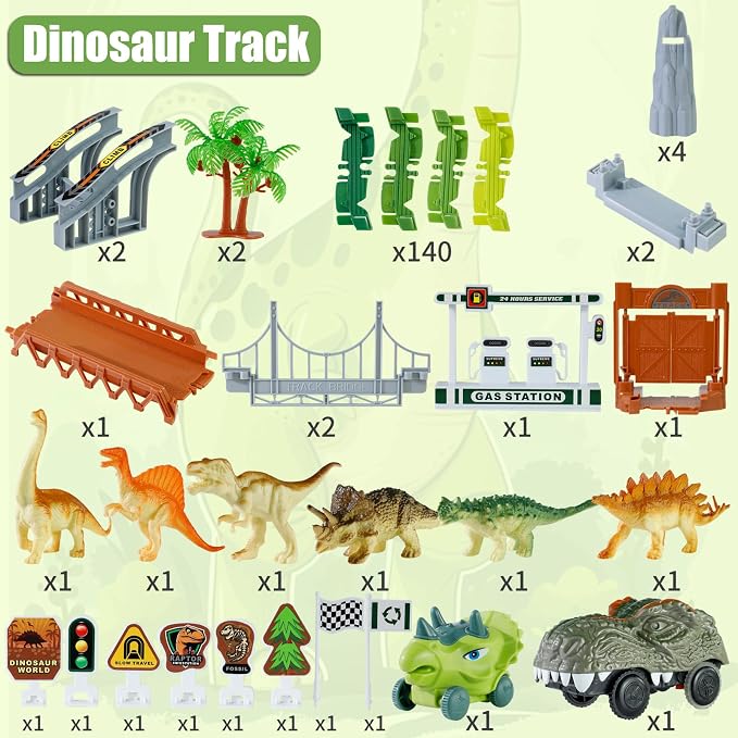 Dinosaur Toys, Dinosaur Race Track for Kids 3-5, Flexible Train Track Playset with Dinos & Cars, Toddler Toys for Ages 3 4 5 6 7 8 9 Year Old Boys Girls, Party Favor Birthday Gift