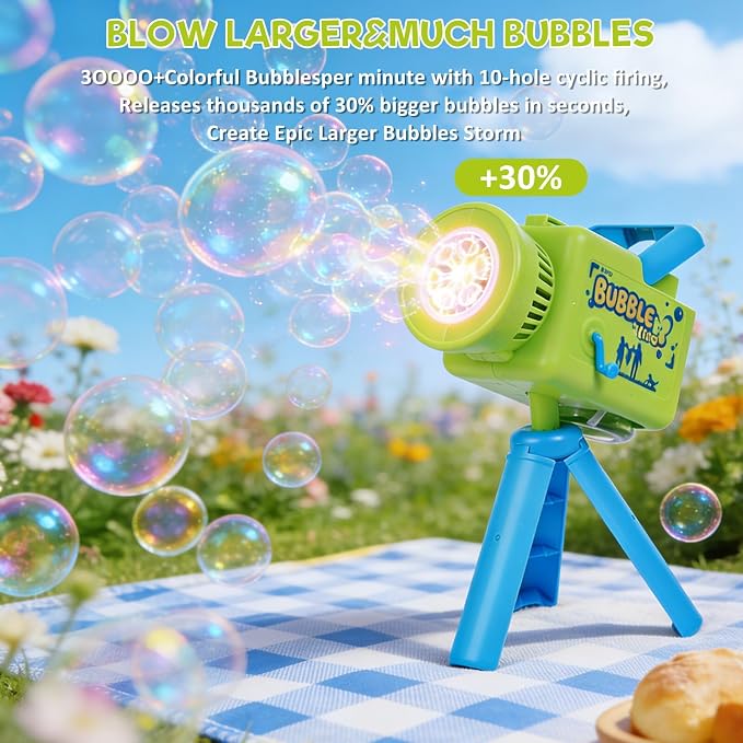 Upgraded Rechargeable Camera Bubble Machine, Bubble Maker for Kids with LED Light, Auto 360° Rotation, Large Bubbles, Type-C Charge, Outdoor Toys Gifts for Wedding, Birthday, Parties, Easter