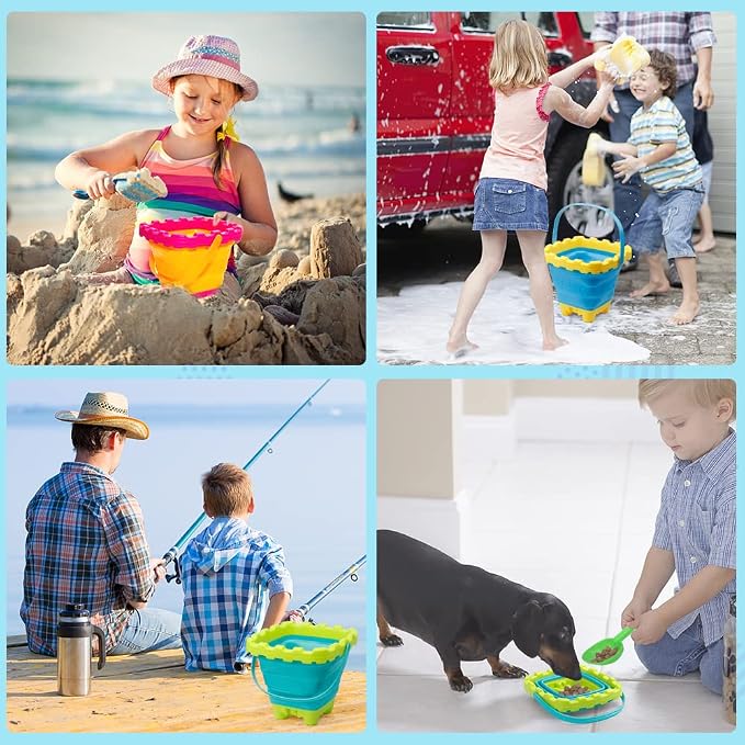 3L Jumbo Foldable Buckets, Castle Sand Beach Toy Silicon Pails For Kids Adults, Collasible Water Bucket Sandbox Kit Multi Use Summer Essential For Travel Cleaning, Camping, Picnic, Fishing 3 PCS