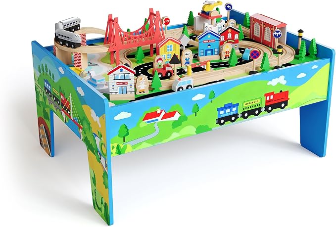 Garvee 78 Piece 4-in-1 Wooden Train Table for Kids - Multipurpose Activity Play Set with Reversible Top, Tracks & Built-in Storage, Natural Wood