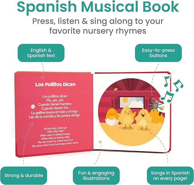 Binibi Spanish Musical Book for Babies & Toddlers 1-3 Los Pollitos Dicen & Other Nursery Rhymes | Spanish Learning for Kids | Bilingual Children's Book | Libro en español para bebés
