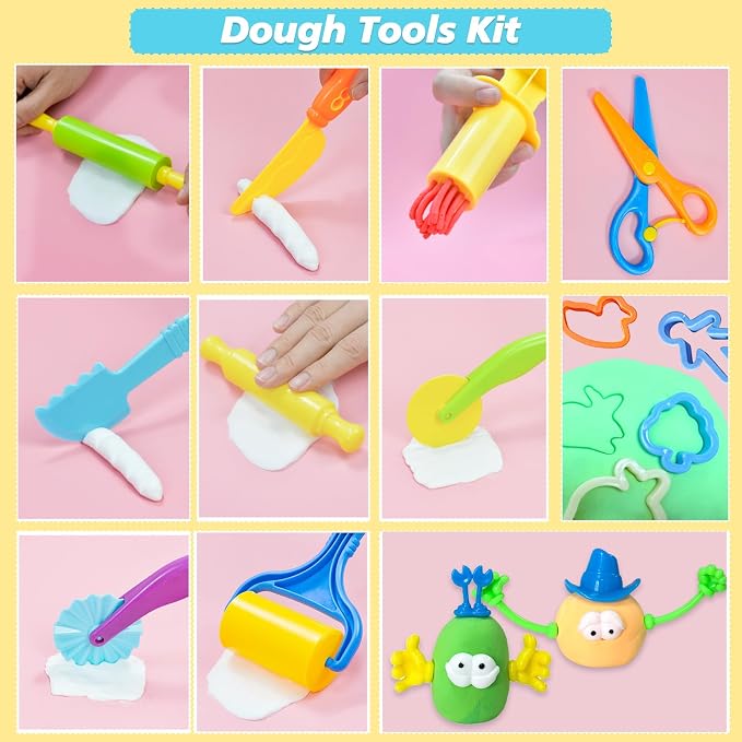 LCY WEDSHI Dough Tool Set, 32 Pcs Dough Tools Sets for Kids Ages 4-8, Dough Accessories Includes Animal Molds, Cutters Roller, Rolling Pins, Safety Scissors, Plastic Knife