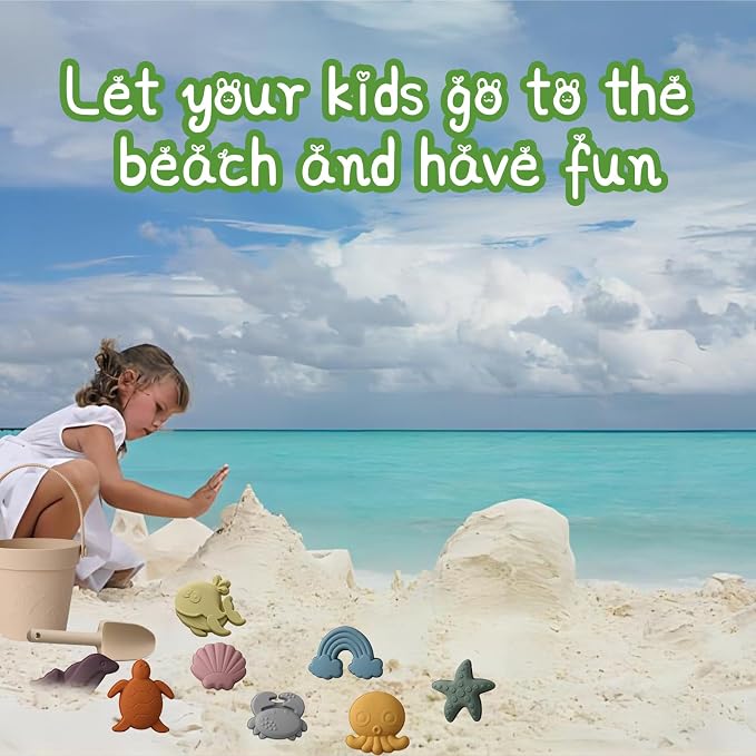 RoseFlower Silicone Sand Toys Set for Toddlers, Portable Travel Beach Sand Toys with Collapsible Bucket, Shovel, 8 Molds Dolphins, Starfish, Turtles & Mesh Storage Bag for Kids, Summer Gift-Beige