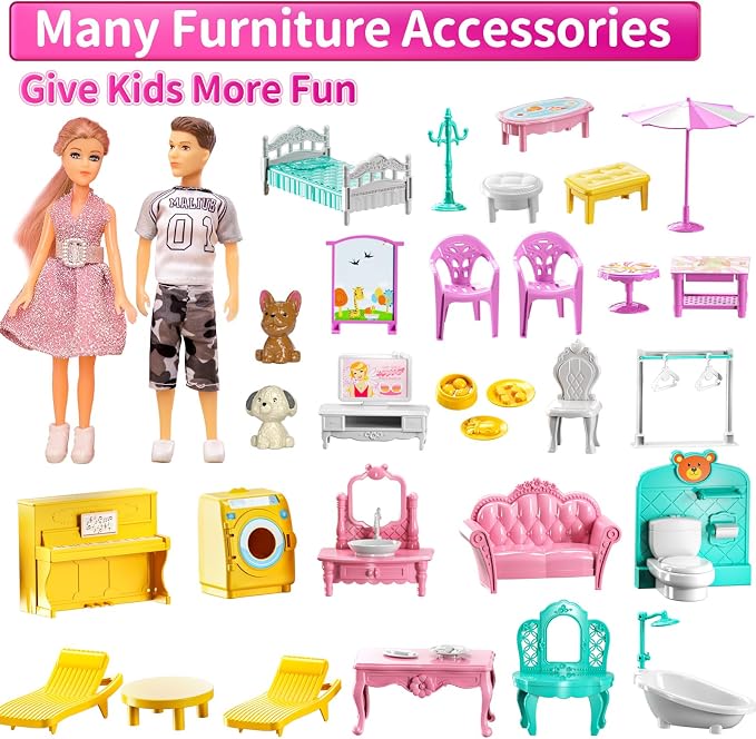 JUKUDAHU Pink Villa Playset for Girls Ages 3-7, 4-Story 10-Room House with 2 Dolls, Furniture & Accessories, Pretend Play Toddler Toy, Birthday Gifts for Kids 3-8
