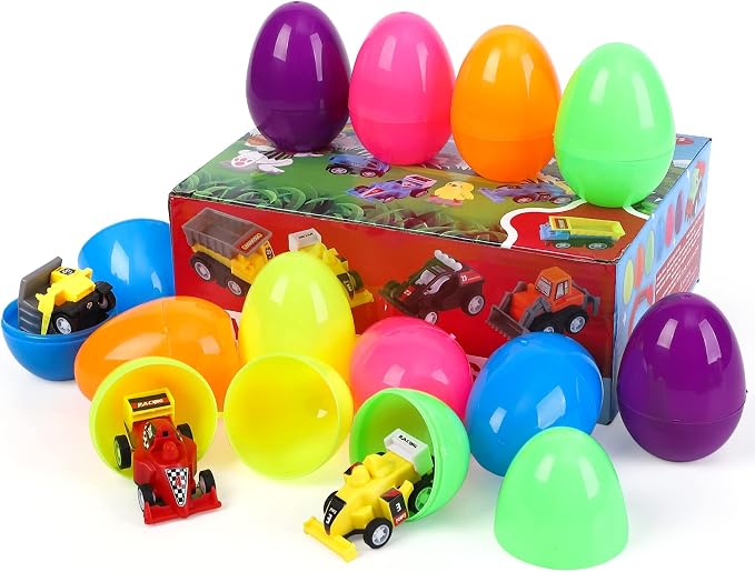 12 Pcs Easter Eggs Prefilled with Pull Back Cars for 3-6 Year Old Boys, Pull Back Construction Vehicle and Race Car for Easter Party Favors, Easter Basket Stuffers, Easter Egg Fillers,Easter Eggs Hunt