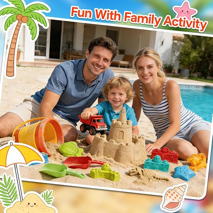 Foldable Beach Bucket and Shovel Set for Kids, 20PCS Sand Toys with Sand Molds (Castle, Dinosaur, Sea Animal) & Mesh Bag, Toddler Collapsible Outdoor Sand Toys for Beach, Sandbox, Pool, Summer Gift
