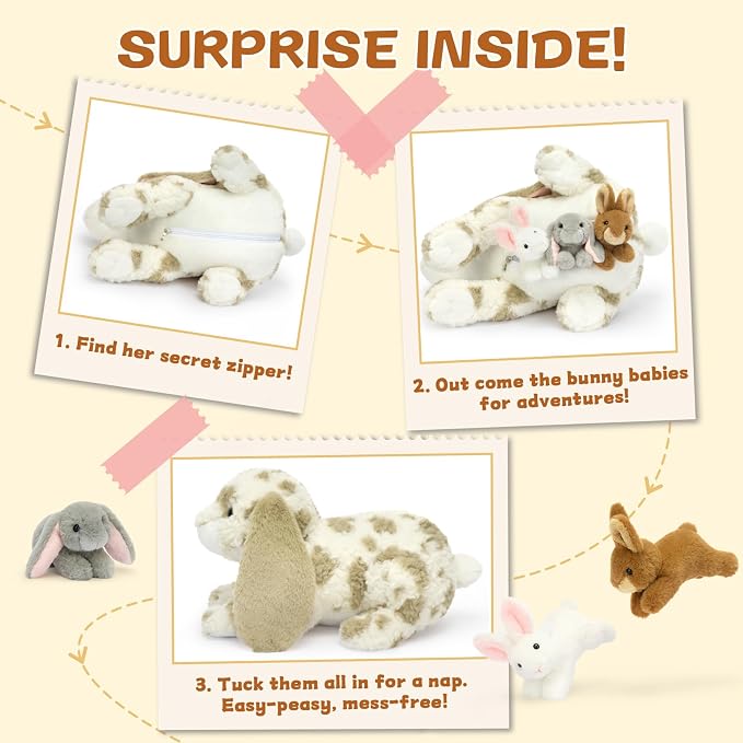 MaoGoLan 4pcs Gray Spotted Lop Eared Rabbit Bunny Stuffed Animal Plush, 17.5" Large Mommy Stuffd Rabbit Plush with 3 Bunny Babies, Cute Soft Stuffed Animal Toy Gift for Girls Boys Kids