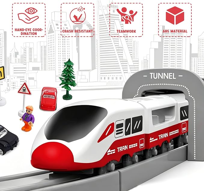 Wdmiya Train Sets for Toddlers, 104 Pcs Trains Toy with Battery Operated & Tracks (Magnetic Connection), Compatible with Thomas, Brio, Christmas Toy Gifts for 3 4 5 6 7 8 Years Old (City Red 104 Pcs)