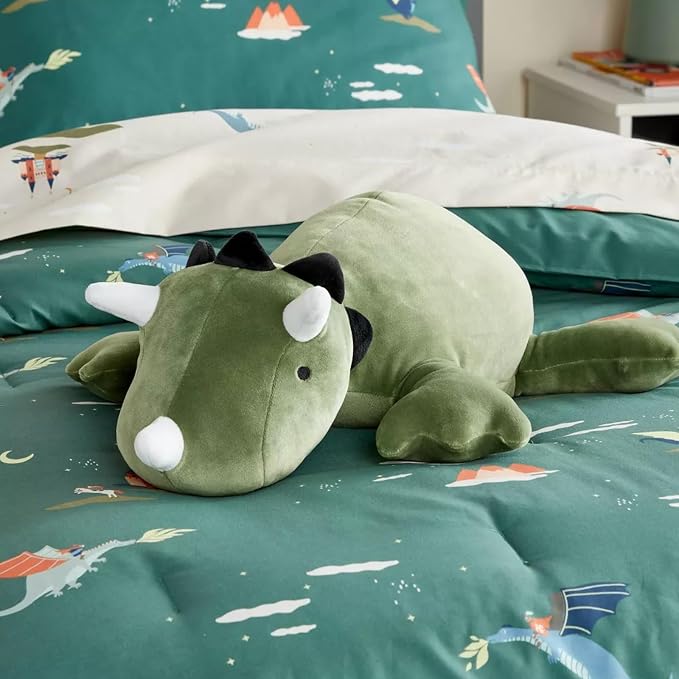 KOWSI® Microwavable Heating Pad Green Triceratops Plush - 1.4 Lb Weighted Stuffed Animal Toy with Tourmaline Beads & Lavender - 16" Squished Long Dinosaur Pillow - Lumbar Back Cushion Lasting Warmth