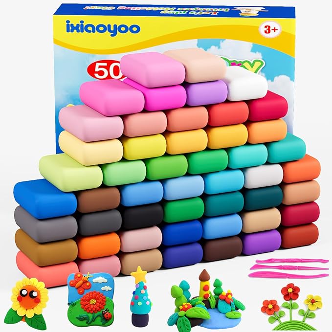 Ixiaoyoo Air Dry Clay for Kids, 50 Colors Modeling Magic Clay, DIY Model Arts & Crafts Kit with Sculpting Tools, Soft & Non-Sticky, School Projects, Birthday Toys Gifts for Boys & Girls Aged 3–12