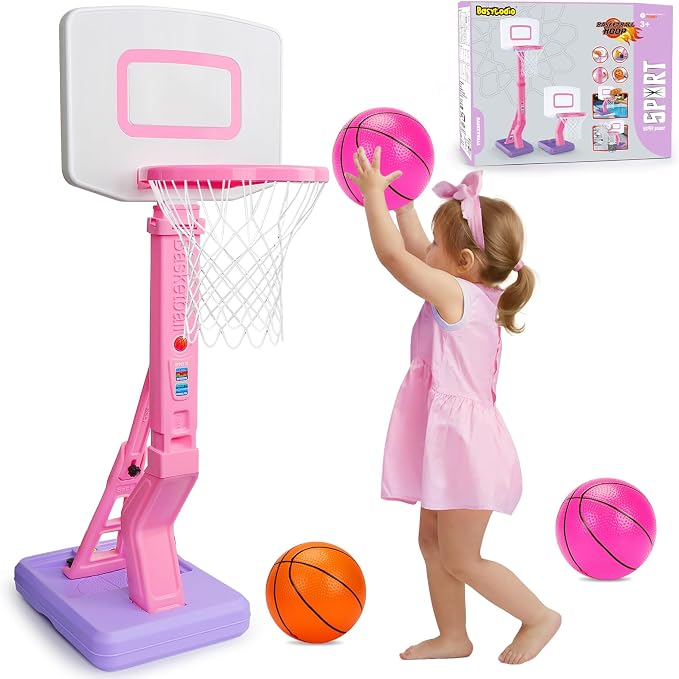 Basytodio Toddler Pink Basketball Hoop Indoor for Age 1-3, Adjustable Kids Basketball Hoop Goal, Mini Pool Outdoor Basketball Hoop with 3 Balls, Toddler Toys Age 1 2 3 4 Year Old Girls Birthday