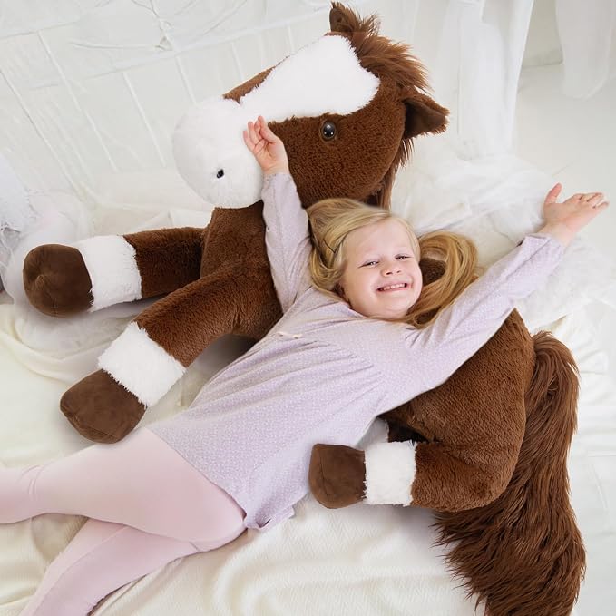 Tezituor 47 Inch Giant Horse Stuffed Animal, 4ft Large Chocolate Brown Pony Plush Toy, Realistic Farm Horse Plush Body Pillow Decor Birthday for Kids Girls Boys Horse Lovers