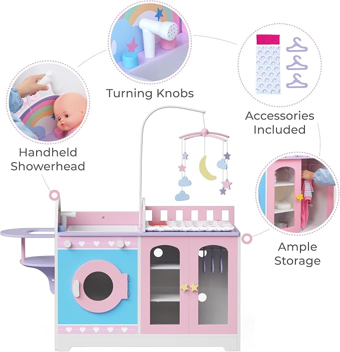 Olivia's Little World 6-in-1 Baby Doll Changing Station with Bedding & Mobile, Pink/Purple | 6 in 1