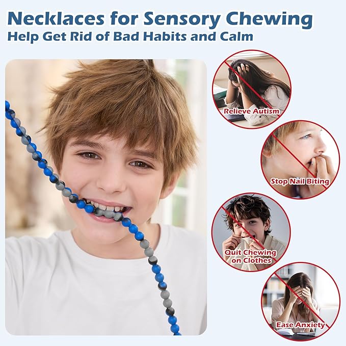 Chew Necklaces for Sensory Kids and Adults, Chewy Necklace Sensory Toys for Nail Biting, Silicone Necklace for Autism, ADHD, SPD, Fidget Oral Chew Toys for Boys and Girls Kids
