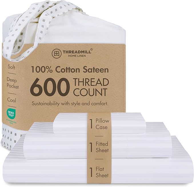Threadmill 100% Cotton Sheets for Twin XL Size Bed - 600 Thread Count Twin XL Bed Sheets Set with 15” Deep Pocket - Damask Stripe Sateen Weave 3-Piece Bedding Set with Cooling Effect, White