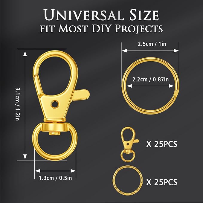Gold Keychain Making Kit 50PCS – 25 Lobster Claw Clasps & 25 Key Rings, DIY Jewelry Craft Accessories for Handmade Projects