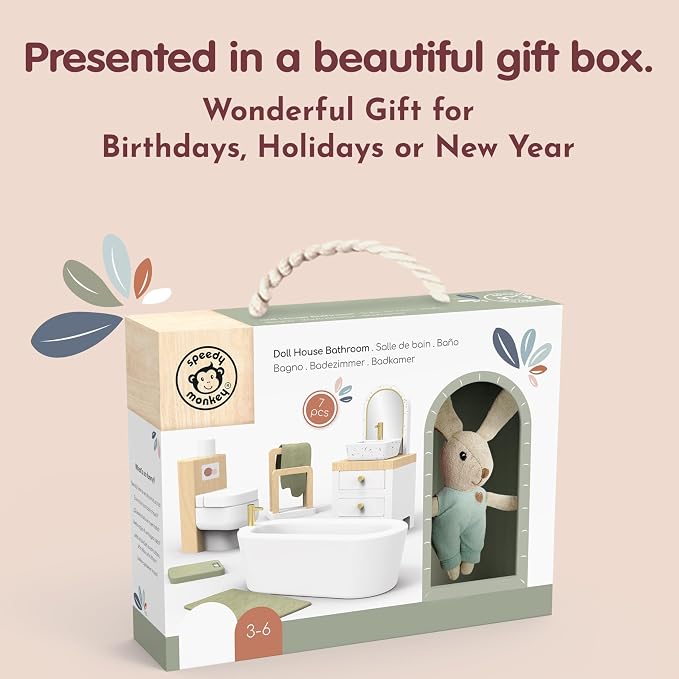 SPEEDY MONKEY Wooden Dollhouse Bathroom Playset with Bunny for Pretend Play | Miniature Bathroom Furniture Set with Bathtub, Sink, Toilet & Mirror | for Kids Ages 3+