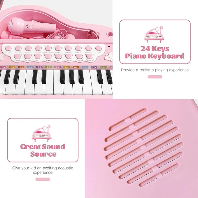 Love&Mini Piano Keyboard Toys for Girls - 24 Keys Toddler Piano Music Toy Instruments with Microphone，Pink Piano Toys for 3+ Years Old Girls Birthday Xmas Gifts (24 Keys Pink Piano Toy)