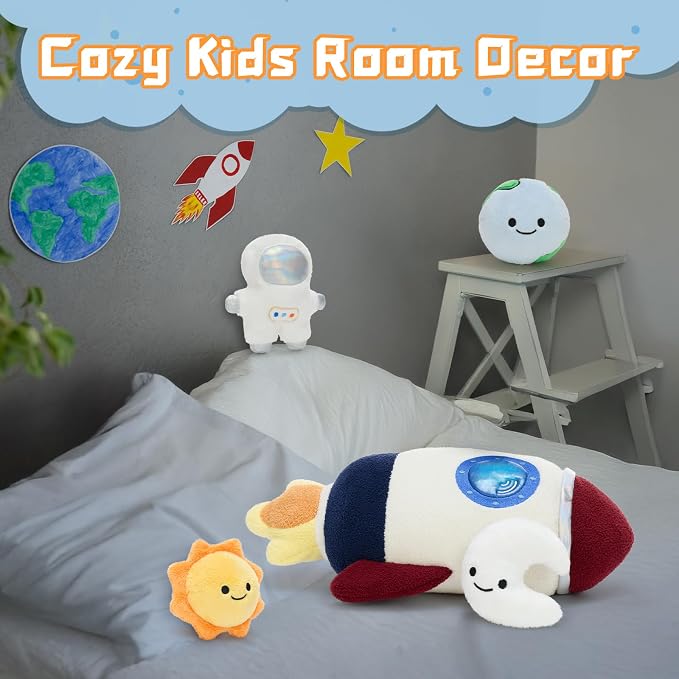 5Pcs Space Plush Toys Set – 14.57" Rocket, Astronaut, Sun, Moon & Earth Stuffed Animals, Soft Huggable for Bedtime Snuggles, Imaginative Play & Cute Room Decor, Christmas Birthday Gift for Boys Girls