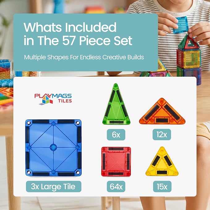 Playmags Mini Magnetic Tiles for Kids 100-Piece Set | Travel Magnetic Blocks | STEM Sensory Educational Toys | Portable Toddler Building Toys | Gift for Boys & Girls Ages 3