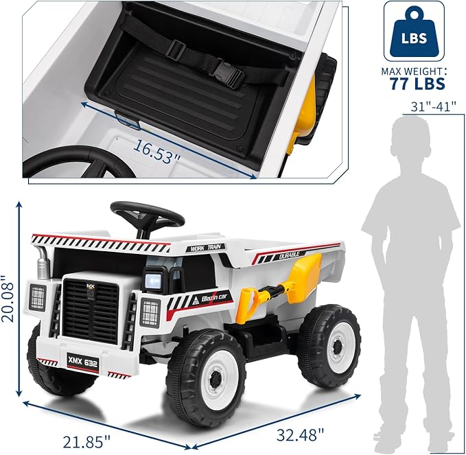 Garvee 12V Ride On Dump Truck for Kids, Ride On Car with Remote Control, Construction Vehicles with Dump Bed & Shovel, Ride-On Toys 16.5 in Spacious Seat, Music, Headlights, Soft Start, White