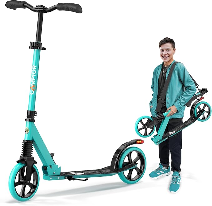 Campior Kick Scooter for Ages 6+, for Kids, Teens, and Adults, Max Load 240 LBS, Foldable, 8-inch Big Wheels for Kids and Adults, with Kickstand, 3 Adjustable Levels, Child Safety Approved, Aqua
