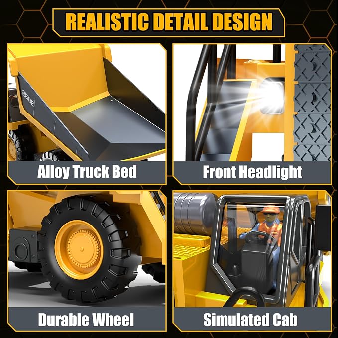 RC Dump Truck Toy for Boys, Remote Control Play Truck Construction Vehicles, 9CH 2.4Ghz Electric Trucks with Metal Bed & Light, 2 Rechargeable Batteries RC Car Toys Kids 3-12 Year Old Birthday Gifts