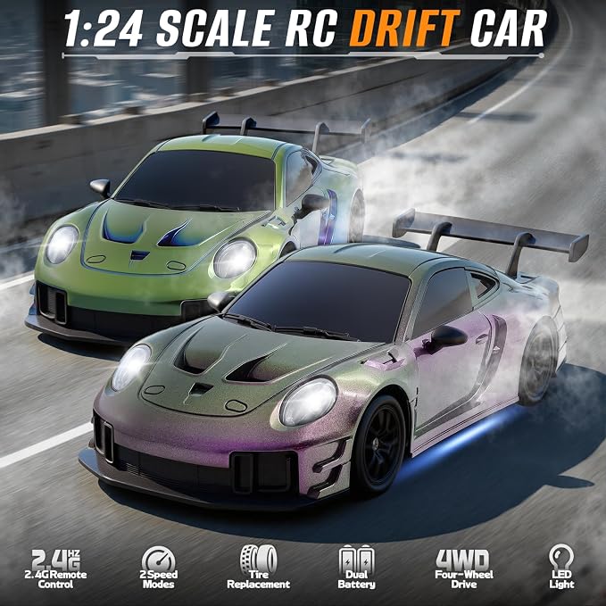 RC Drift Car, 1:24 4WD Remote Control Cars Vehicle with LED Light,2.4GHz 20KM/H High Speed RC Cars with Two Batteries & Drifting Tires Racing Sport Toy for Adults Boys Girls Kids