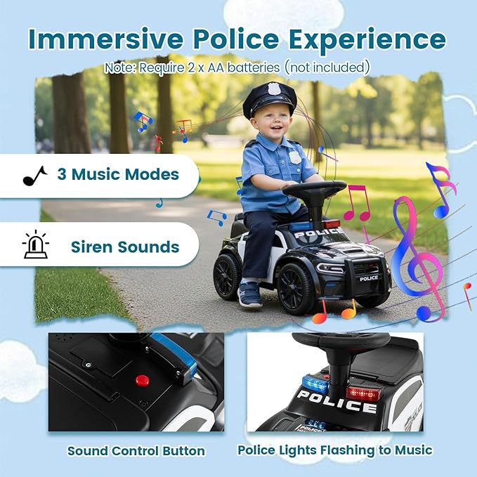 Costzon Police Car Ride On, Toddler Foot-to-Floor Sliding Car with Siren Sounds, Music & Flashing Lights, Under-Seat Storage, Kids Ride On Toys for Boys Girls 18+ Months