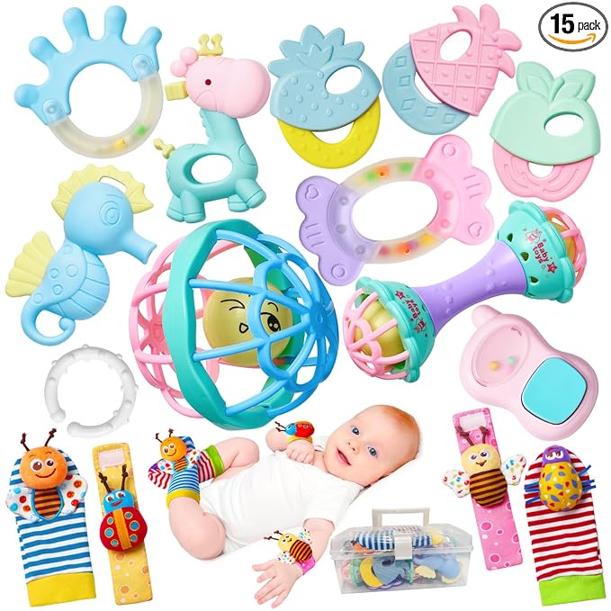 15PCS Rattles for Babies 0-6 Months - BPA-Free Baby Rattles 0-3, 6-12 Months for Newborn Soft Teething Toys Infant Toys with Wrist & Ankle Rattles, Baby Gift Set with Box for Hand-Eye Coordination