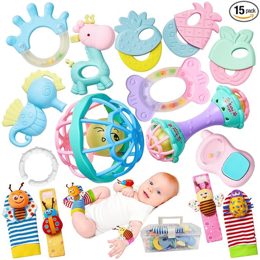 15PCS Rattles for Babies 0-6 Months - BPA-Free Baby Rattles 0-3, 6-12 Months for Newborn Soft Teething Toys Infant Toys with Wrist & Ankle Rattles, Baby Gift Set with Box for Hand-Eye Coordination