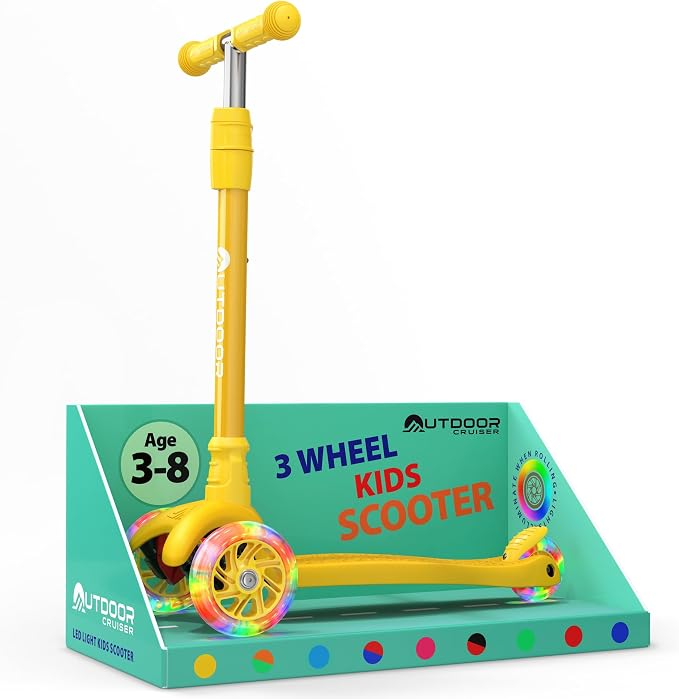 Outdoor Cruiser 3-wheel Kids Scooter – With Lean-to-steer Technology, Wide Deck, Led Lighted Wheel, 4-level Adjustable Height T-bar Handle, Support Kid Up to 150 Lbs, for Boys & Girls Ages 3-8, Yellow