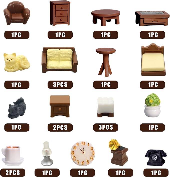 23pcs Brown Dollhouse Mini Furniture Kit Decoration DIY Accessories Including Dining Room Sitting Living Bedroom Set Toys for Baby Boys Children Girls Dollhouse Accessories