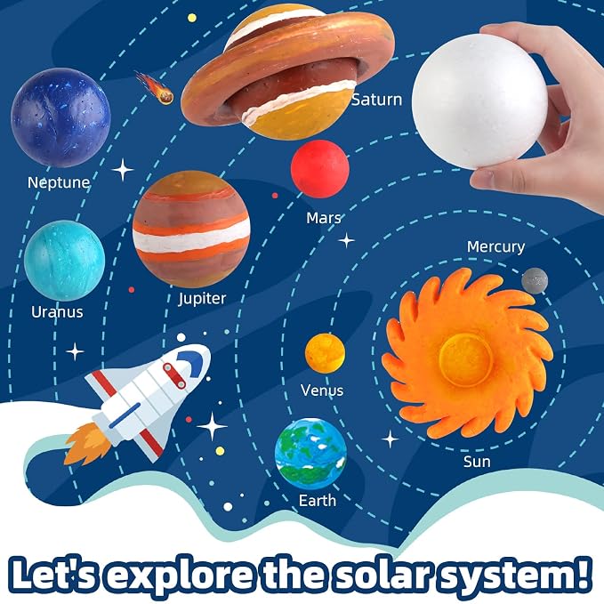 64 PCS Solar System Project Kit, Solar System Model Kit with 13 Mix Foam Balls, Solar System Toys for Kids 3-5, Learn Planets Science Kit School Project Supplies of Bamboo Sticks, Flags, Brushes